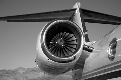 Gulfstream G-4 engine and tail in black and white.Click on an image to go to my Civilian Airplane Lightbox.