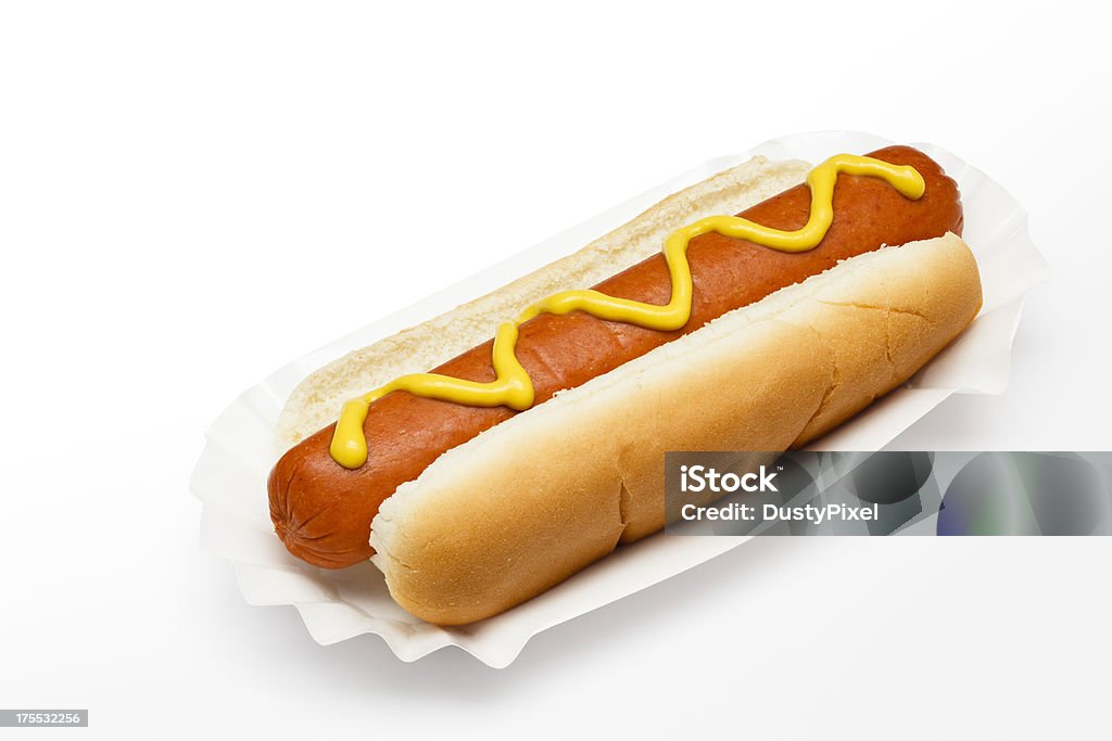 Traditional Ballpark Dog (path) Mustard on a hot dog Hot Dog Stock Photo