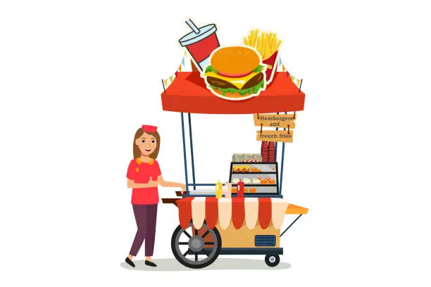 Vector illustration of Hamburger and French Fries Food Stand Vendor Vector Illustration