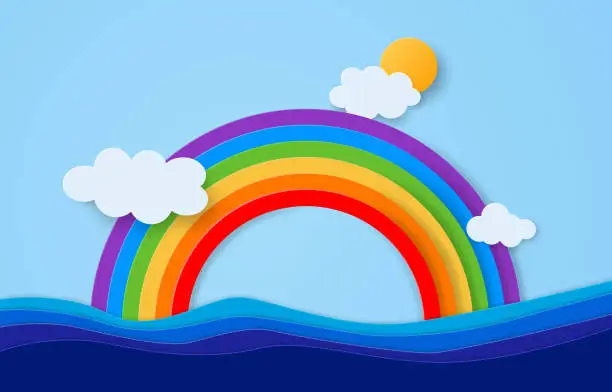 Vector illustration of Paper art style of rainbow over the ocean with clouds and sun, vector and illustration.