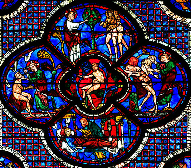 Window Parable of the Good Samaritan part 2, Notre-Dame, Chartres "Part two of stained glass window Parable of the Good Samaritan at the cathedral Notre Dame, Chartres. This window is one of the row lower windows at the south aisle of the church.The window is made in the 13 th century" chartres cathedral stock pictures, royalty-free photos & images