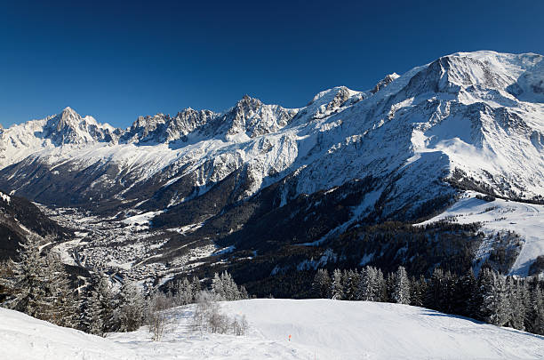 Sunlit valley of Chamonix in winter Sunlit valley of Chamonix is in the middle of  high snow mountains under the blue sky. Chamonix is one of the oldest ski resorts in France. leisure activity french culture sport high angle view stock pictures, royalty-free photos & images