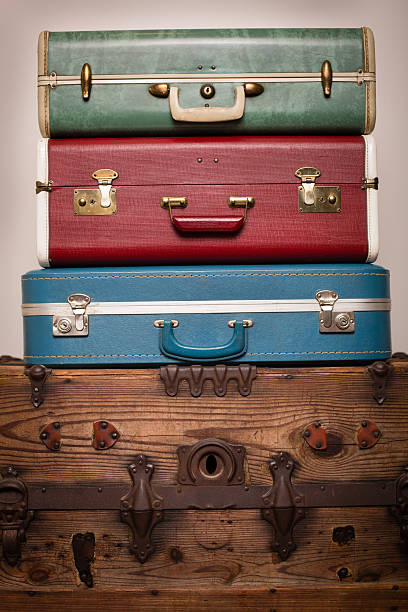 istock Three Retro Suitcases Stacked on Wood Trunk 175534592