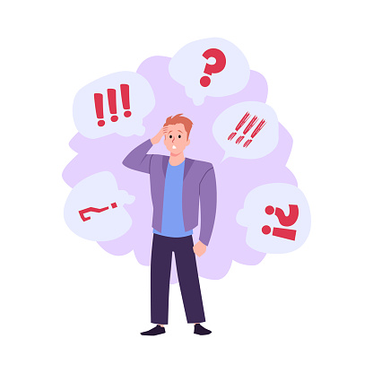 ADHD Attention Deficit Hyperactivity Disorder concept with man having difficulties and mess in thoughts, flat vector illustration isolated on white background.