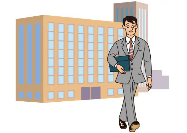 Vector illustration of businessman walking in front of a building