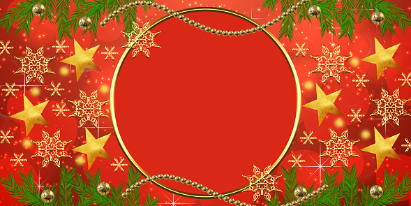 Christmas ornaments and gift boxes on red background, new year concept. Digitally generated image.
