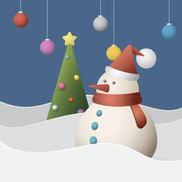 Vector illustration of Snowman with decorated christmas tree in snow landscape at night geometric shapes 3D style vector illustration. Merry Christmas and happy new year greeting card template.