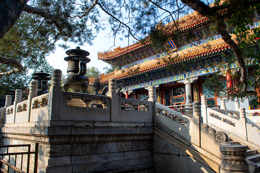 The stairs at one of the pavilions at The Summer Palace in Beijing, China. No people, copy space, horizontal
