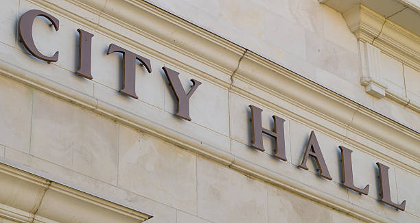 Diagonal City Hall Sign stock photo