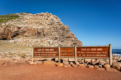 Cape of Good Hope South Africa. Famous Cape of Good Hope - Kap der Guten Hoffnung Coast and Location Sign at the most south-western point of the african continent. Cape of Good Hope National Park, South Africa, Africa.