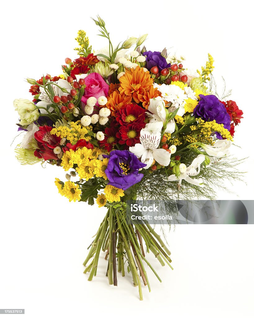 Colorful flowers bunch "Colorful flower bouquet. Chrysanthemum, Spider Chrysanthemun, Anemone, Lisianthus, Rose, Alstroemeria and Goldenrod. Isolated on white. Front view." Bouquet Stock Photo