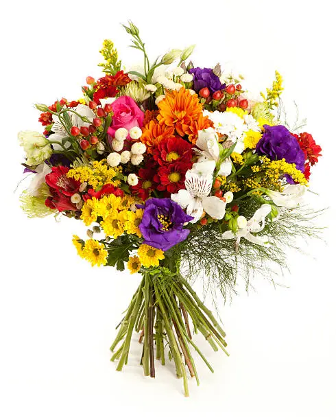 "Colorful flower bouquet. Chrysanthemum, Spider Chrysanthemun, Anemone, Lisianthus, Rose, Alstroemeria and Goldenrod. Isolated on white. Front view."