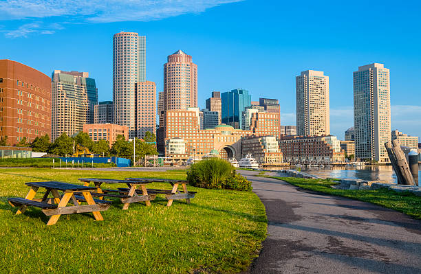 istock Boston Morning Sun Rises Over Skyscrapers and Picnic Tables 175539327