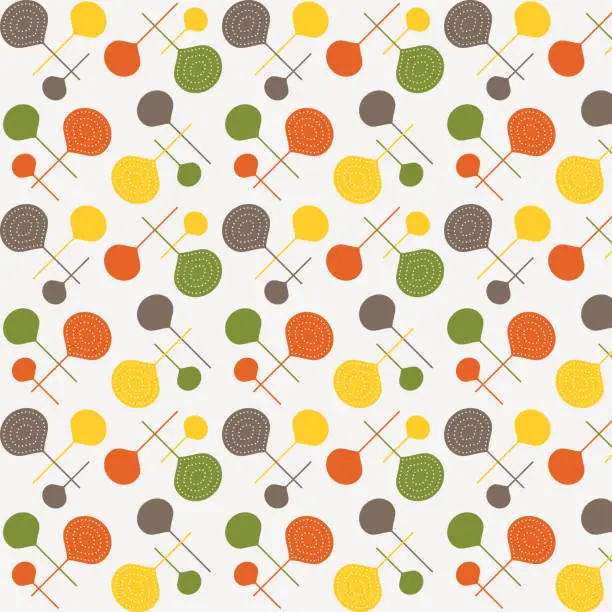 Vector illustration of Abstract geometric seamless pattern with circle shapes and line art of brown, green, yellow, and orange colors decorated with white line dots on white backgrounds.