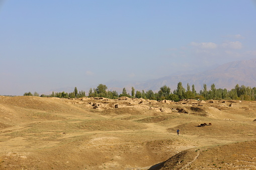 Panjakent view from the ancient part with ruins of Ancient Panjakent, Tajikistan, Central Asia