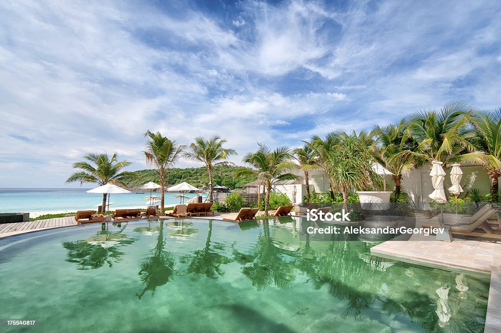 Tropikalny basen z palmy i ocean - Zbiór zdjęć royalty-free (Luksus)