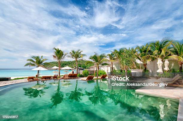 Piscina Resort Tropical Com Palmeiras Oliveiras E Oceanos - Fotografias de stock e mais imagens de Luxo