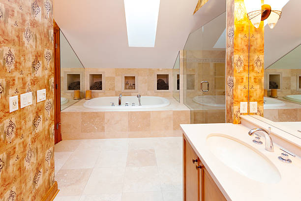 istock Spacious Master Bathroom With Whirlpool Tub, Skylight 175541038