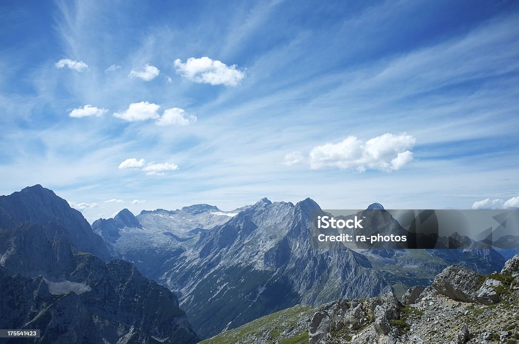 Wetterstein mountain range "View on the Wetterstein mountains in Bavaria, Germany. In the background the highest peak in Germany, the Zugspitze." Bavaria Stock Photo