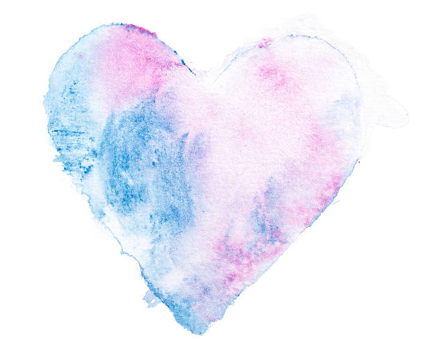 Blue-pink watercolors blend painted heart on real paper, can be used as a button on web page,  background for different designs