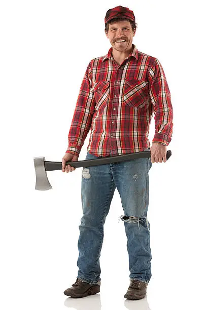 Happy lumberjack holding an axe