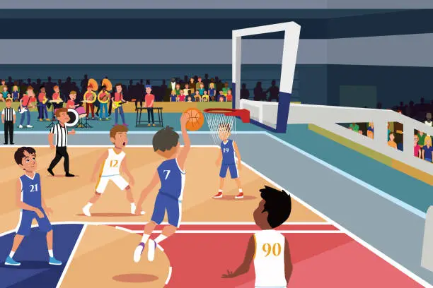 Vector illustration of School Basketball Competition with Band Playing in a Gym Vector Illustration