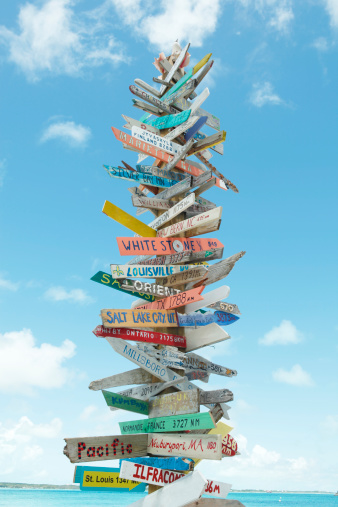 Directional signs with world locations on Stocking Island (Bahamas).