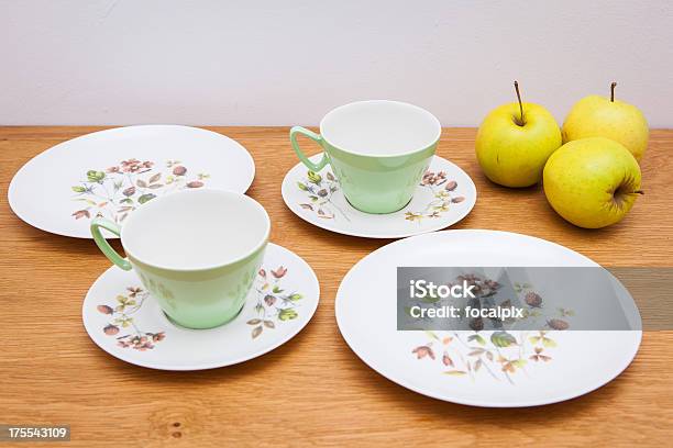 Pale Green Retro Vintage Melamine Picnic Set On Wooden Table Stock Photo - Download Image Now