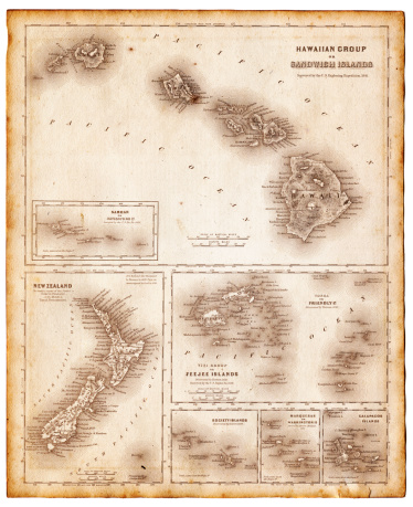 map of pacific islands 1855 - hawaii, new zealand, fiji, samoa, marquesas, galapagos