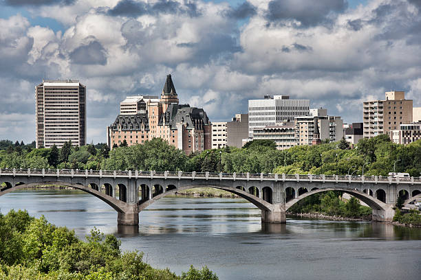 Saskatoon skyline with broad view of the University Bridge