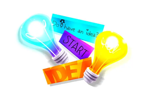 Vector illustration of Creativity and ideas concept in cartoon style. Burning light bulbs with a yellow and blue glow with multi-colored motivational stickers on a white background. Stylish vector group of objects.