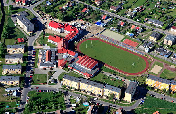 Aerial view on a school and soccer field stock photo
