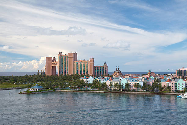 Aerial viev at the Paradise Island "Paradise Island in Nassau, Bahamas with Atlantis resort, aerial view." atlantis bahamas stock pictures, royalty-free photos & images