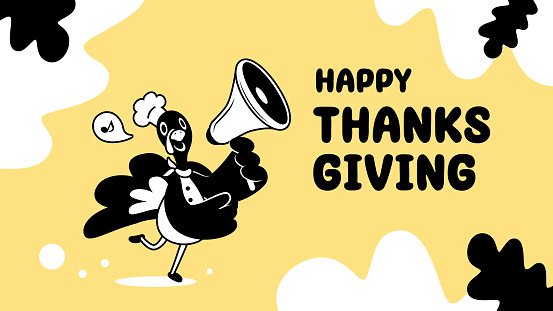 Thanksgiving characters vector art illustration.
Cute monochrome design of a turkey chef dancing and holding a megaphone on Thanksgiving Day.