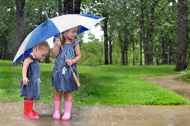 horizontal image of 2 young girls standing outside in the rain. They are staying under their umbrella and appear disappointed about the weather. there is motion blur in the rain. focus is on the faces but a small amount of rain obscures small areas on the face.