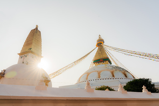 Scenic view of Buddha stupa in Kathmandu, Nepal at sunset