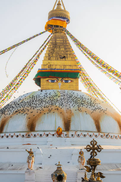 Scenic view of Buddha stupa in Kathmandu, Nepal at sunset shot on film