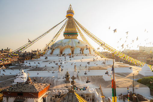 Scenic view of Buddha stupa in Kathmandu, Nepal at sunset shot on film