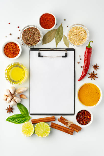 istock Clipboard with spices on white background top view 1755487059
