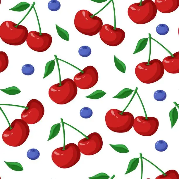 Vector illustration of Berries seamless pattern. Sweet cherries template, sweet berry fabric print. Healthy food ingredient, agriculture fresh product. Nowaday vector background