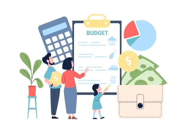Vector illustration of Family budget planning. Child and parents outline expenses. Household and financial management. Allocation money for different items recent vector scene