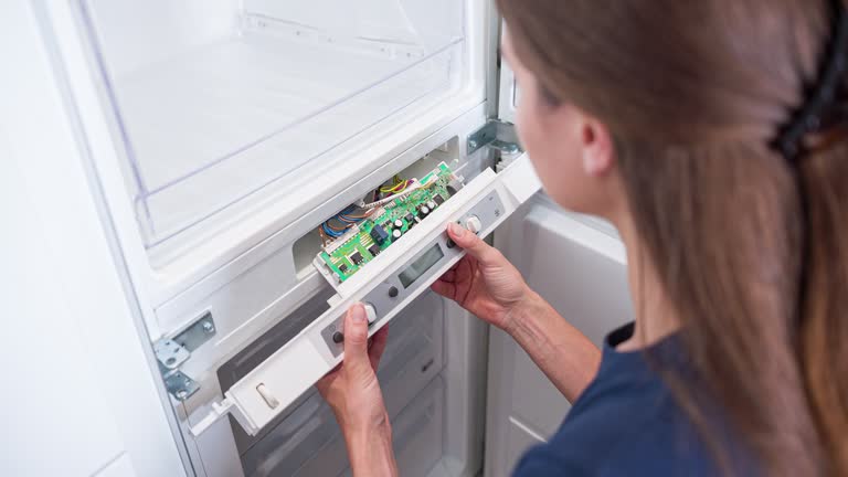 Skilled repairwoman servicing the fridge