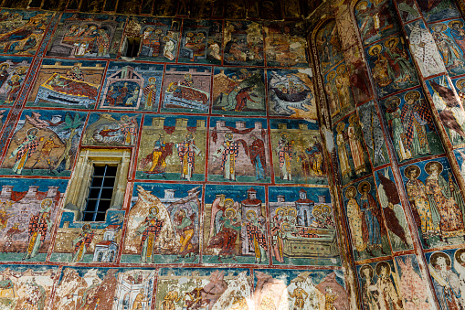 Voronet, Suceava, România - August 21, 2021: The colorful and historic Monastery of Voronet in the Bucovina in Romania