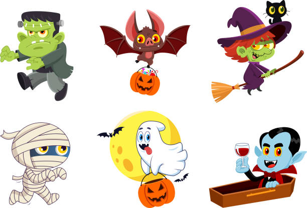 ilustraciones, imágenes clip art, dibujos animados e iconos de stock de personajes de dibujos animados de halloween. conjunto de colección de diseño plano vectorial - running mummified horror spooky