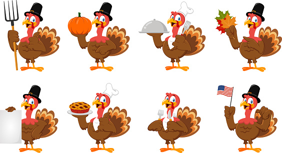 Pilgrim Turkey Cartoon Character In Diferent Poses.Vector Flat Design Collection Set Isolated On Transparent Background