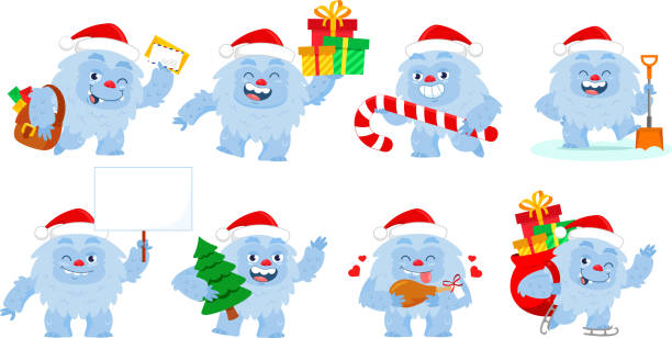 Santa Yeti Bigfoot Cartoon Character In Different Poses. Vector Flat Design Collection Set vector art illustration