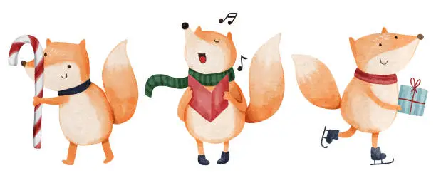 Vector illustration of Fox with christmas costume . Watercolor paint cartoon characters . Isolated . Set 4 of 7 . Vector .