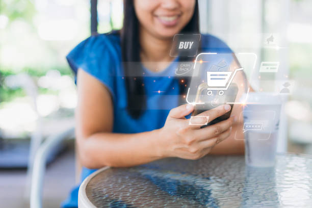 istock Woman using smart phone shopping online with interface virtual graphic icons at the cafe. Online shopping, Mobile payment with wallet app technology. Digital banking and financial technology concept. 1755526070