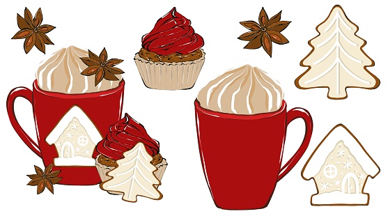 Set of Christmas hot drink, cocoa with cream, gingerbread cookies, cupcake and spice. Festive drink, hand drawn illustration isolated on white background. Design element for postcards, invitation