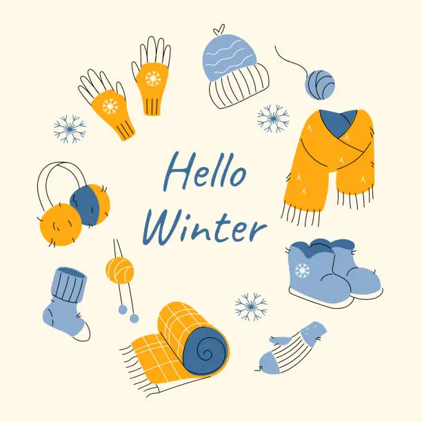 Vector illustration of Winter round frame with knitted clothes
